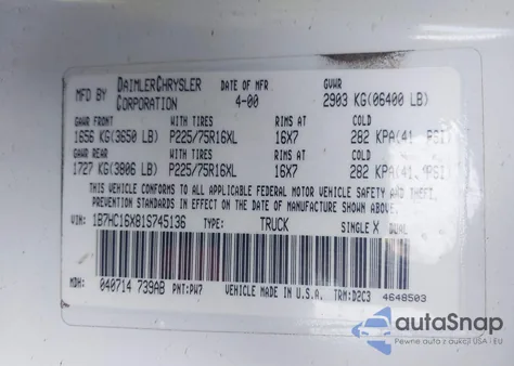 2001 Dodge Ram 1500 St/Ws z USA, uszkodzony, nr VIN 1B7HC16X81S745136